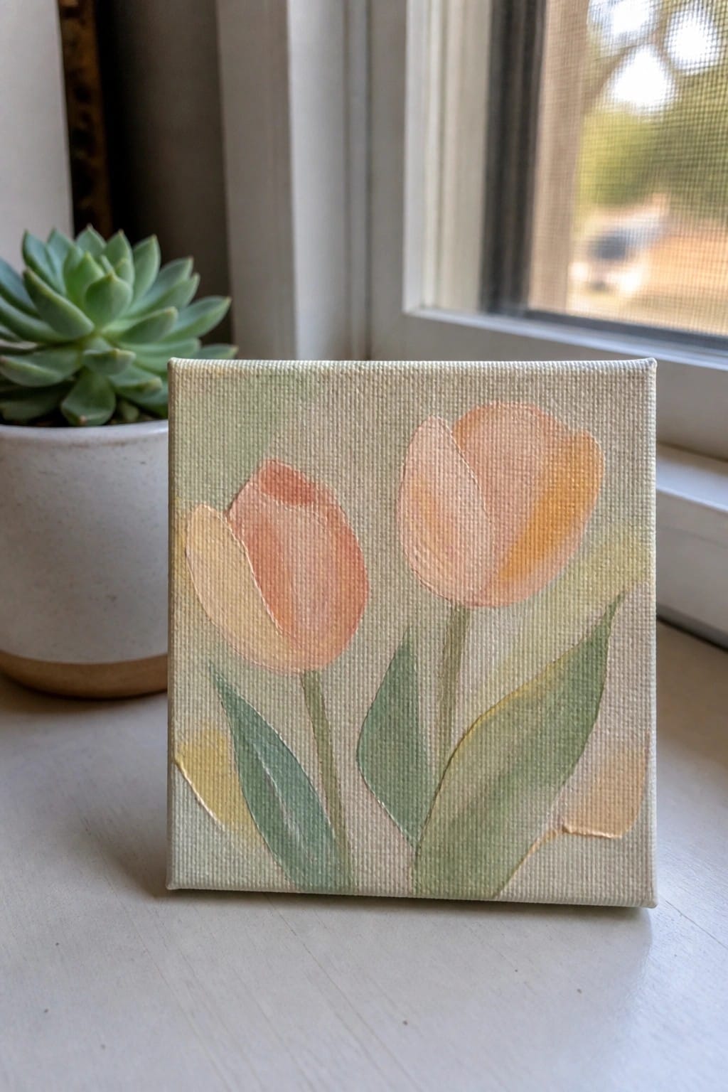 Small canvas painting of two peach tulips with green leaves against a pale background.