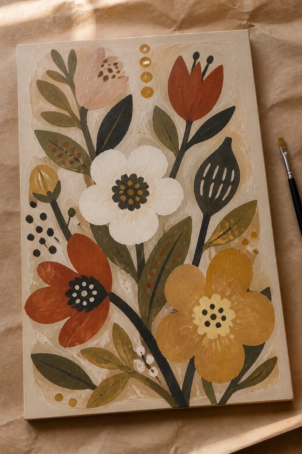 Folk art floral painting with colorful flowers and leaves on beige canvas