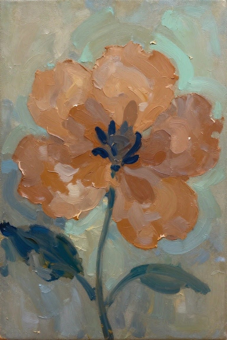 Oil painting of an orange poppy with dark blue center and green stem