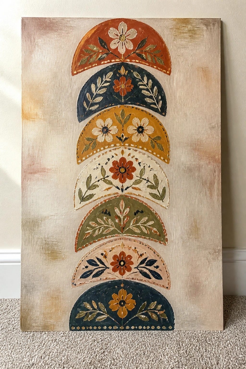 Abstract painting of stacked floral arches in earthy orange, blue, yellow, and green tones.