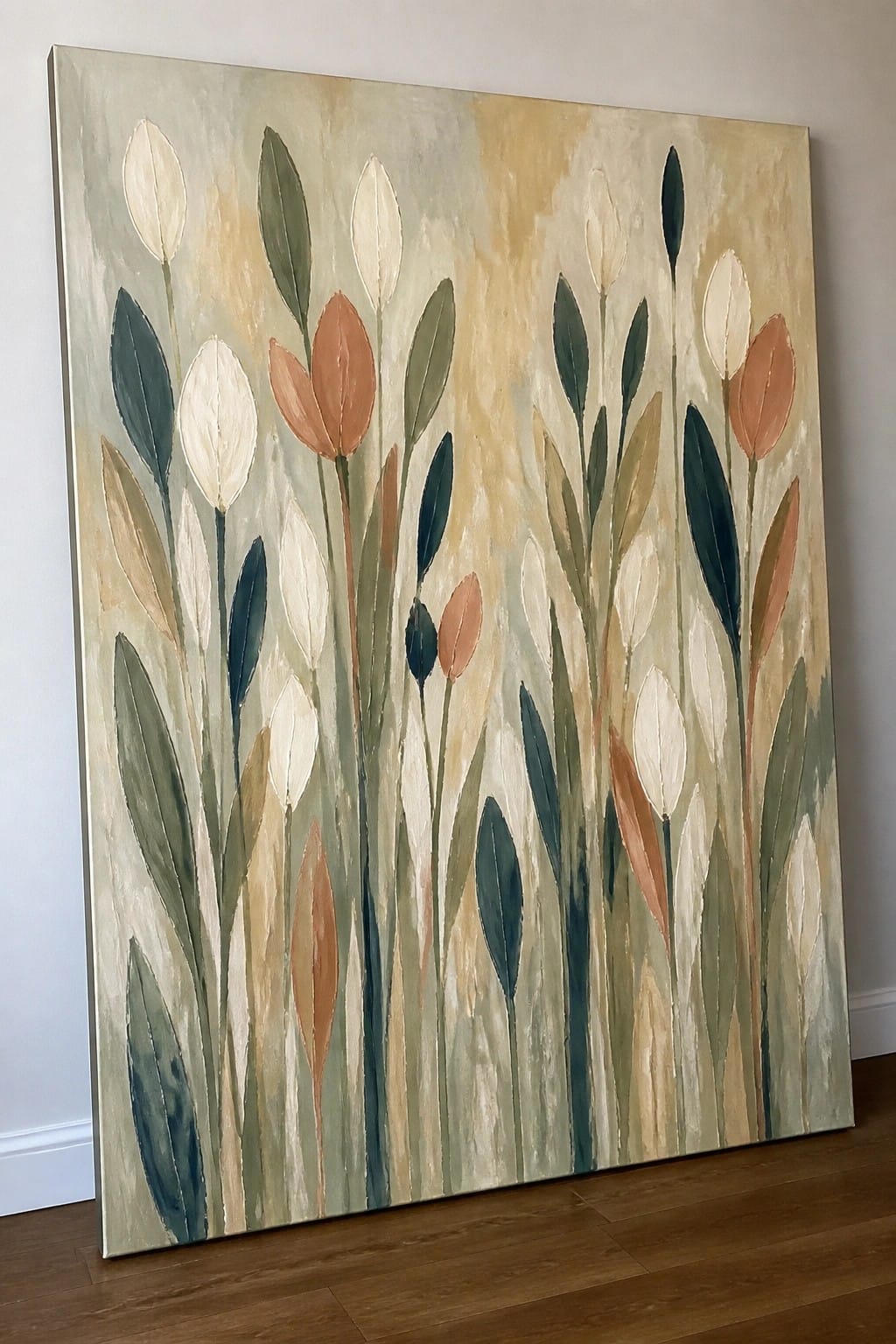Abstract floral painting with muted green, terracotta, and cream stems on canvas leaning against wall