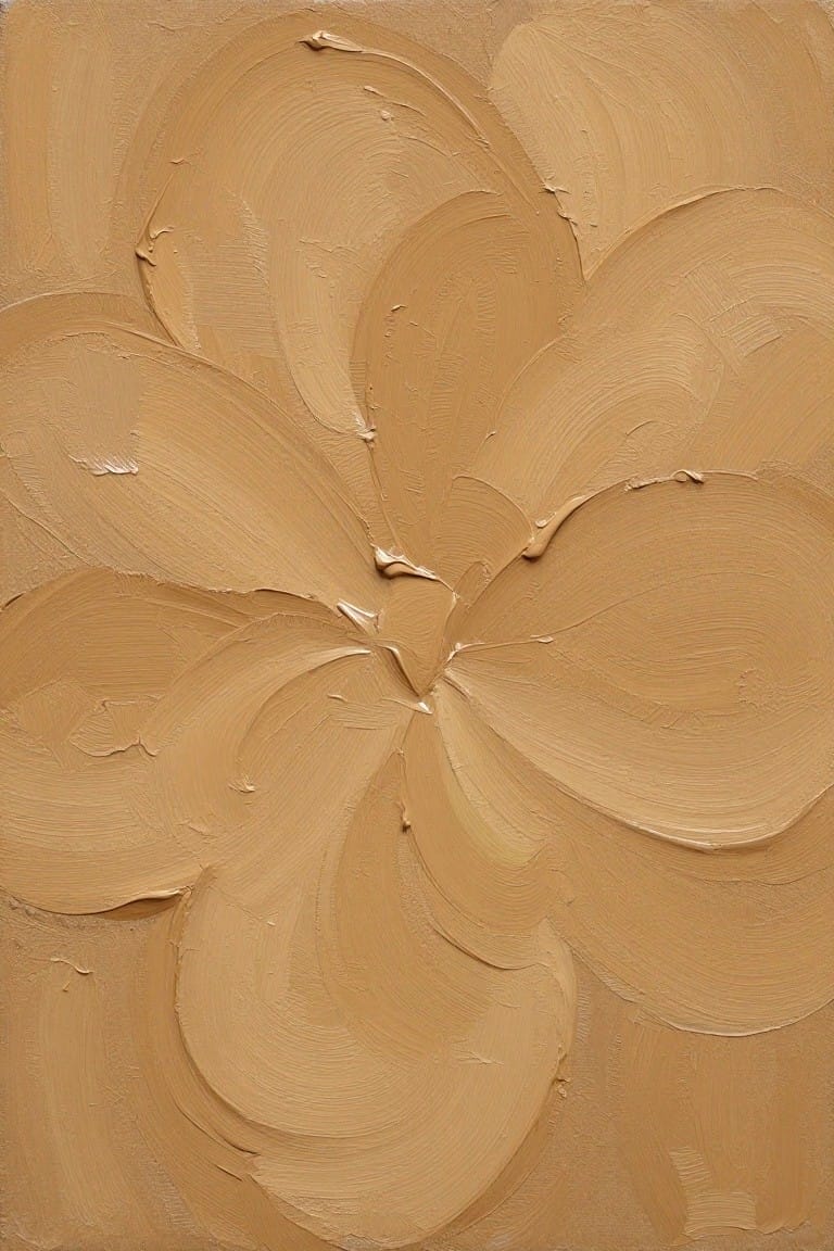 Close-up of an oil painting showing overlapping thick beige and tan brushstrokes arranged in a loose flower shape on a matching background.