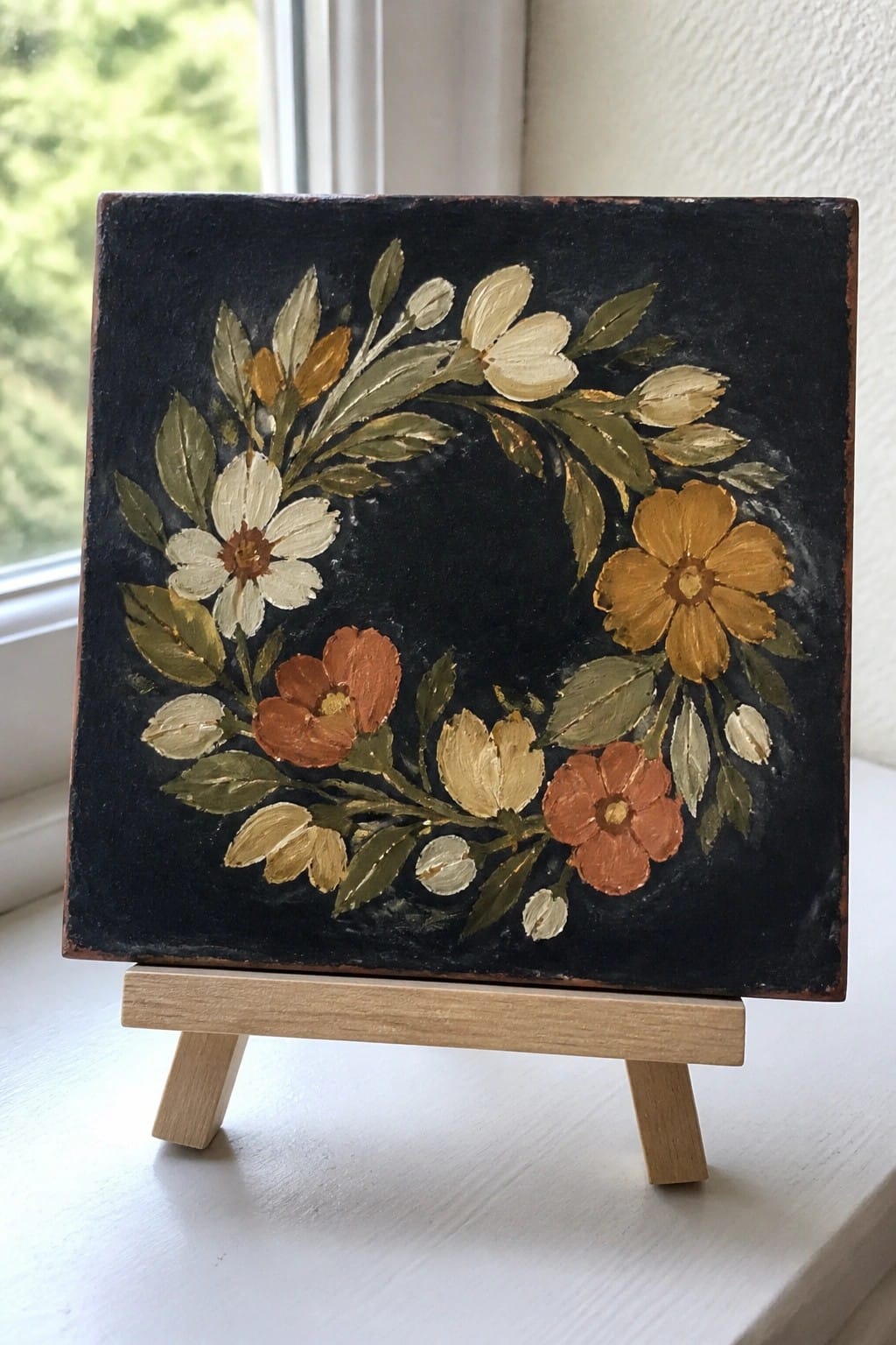 Floral wreath painting on black square tile displayed on wooden easel stand