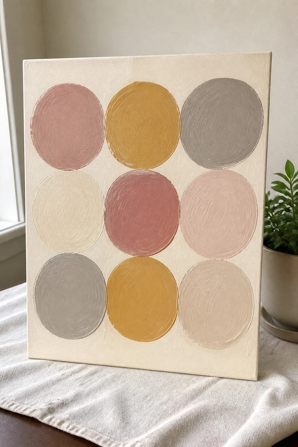 Abstract canvas with nine colorful circles in muted pink, yellow, gray and beige tones