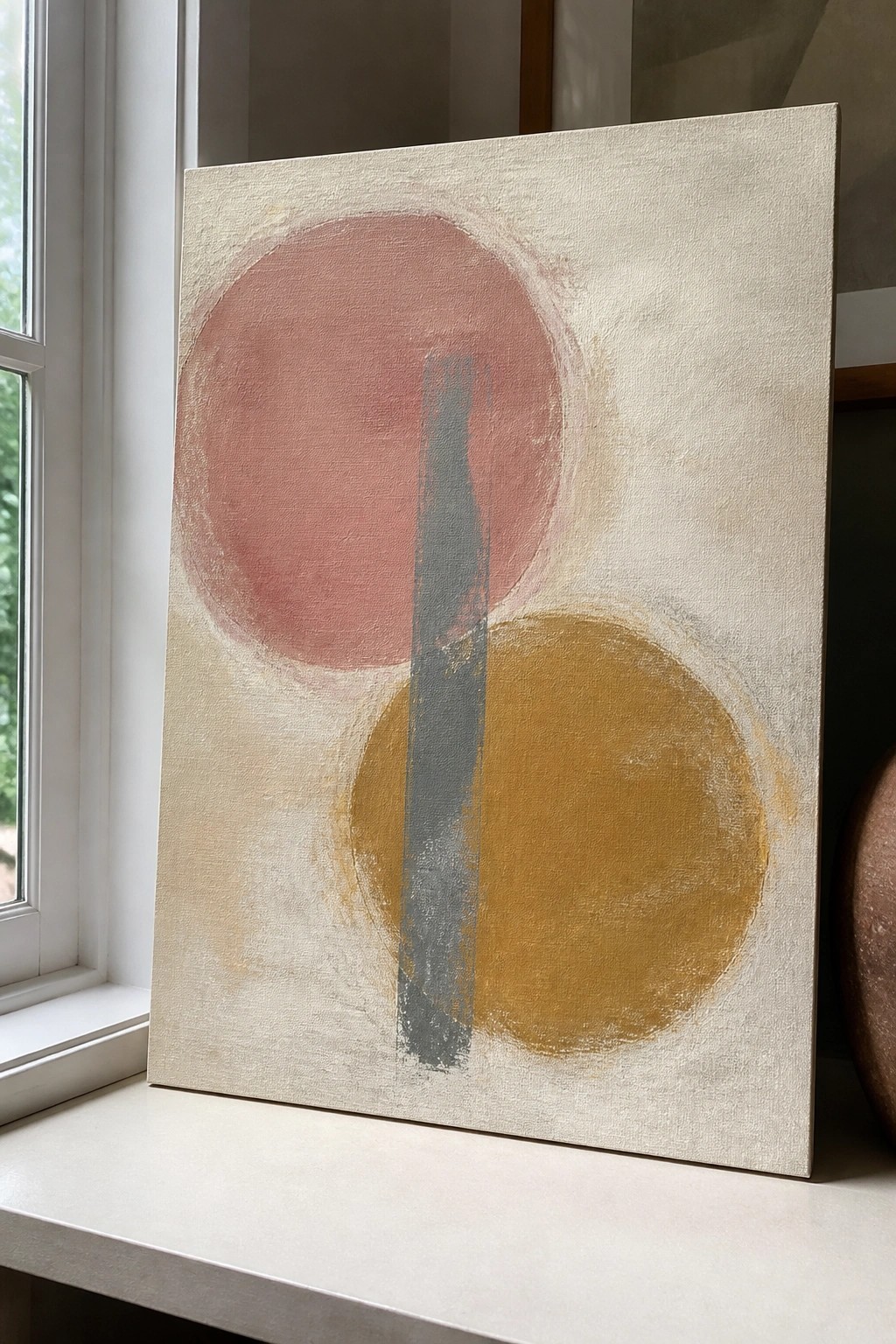 Abstract painting with pink circle, yellow circle, and gray vertical stripe on beige canvas.
