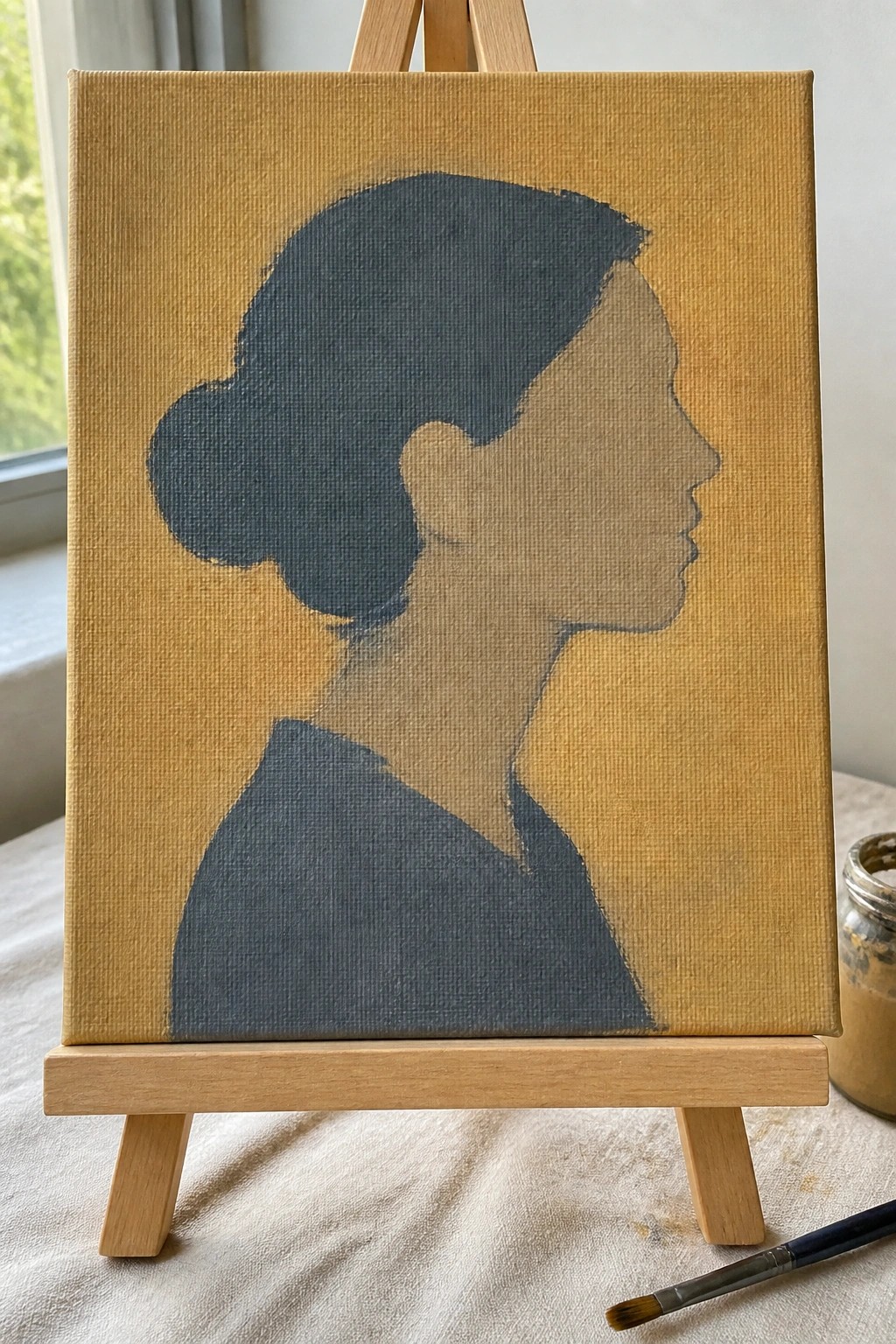 Minimalist dark silhouette of woman with bun on ochre canvas atop wooden easel