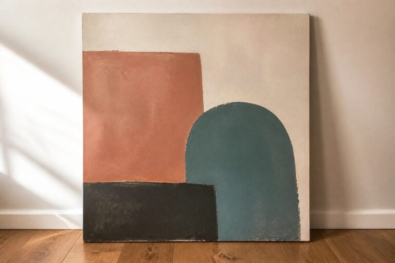 Abstract painting with teal arch, terracotta top, black bottom, and beige sections.