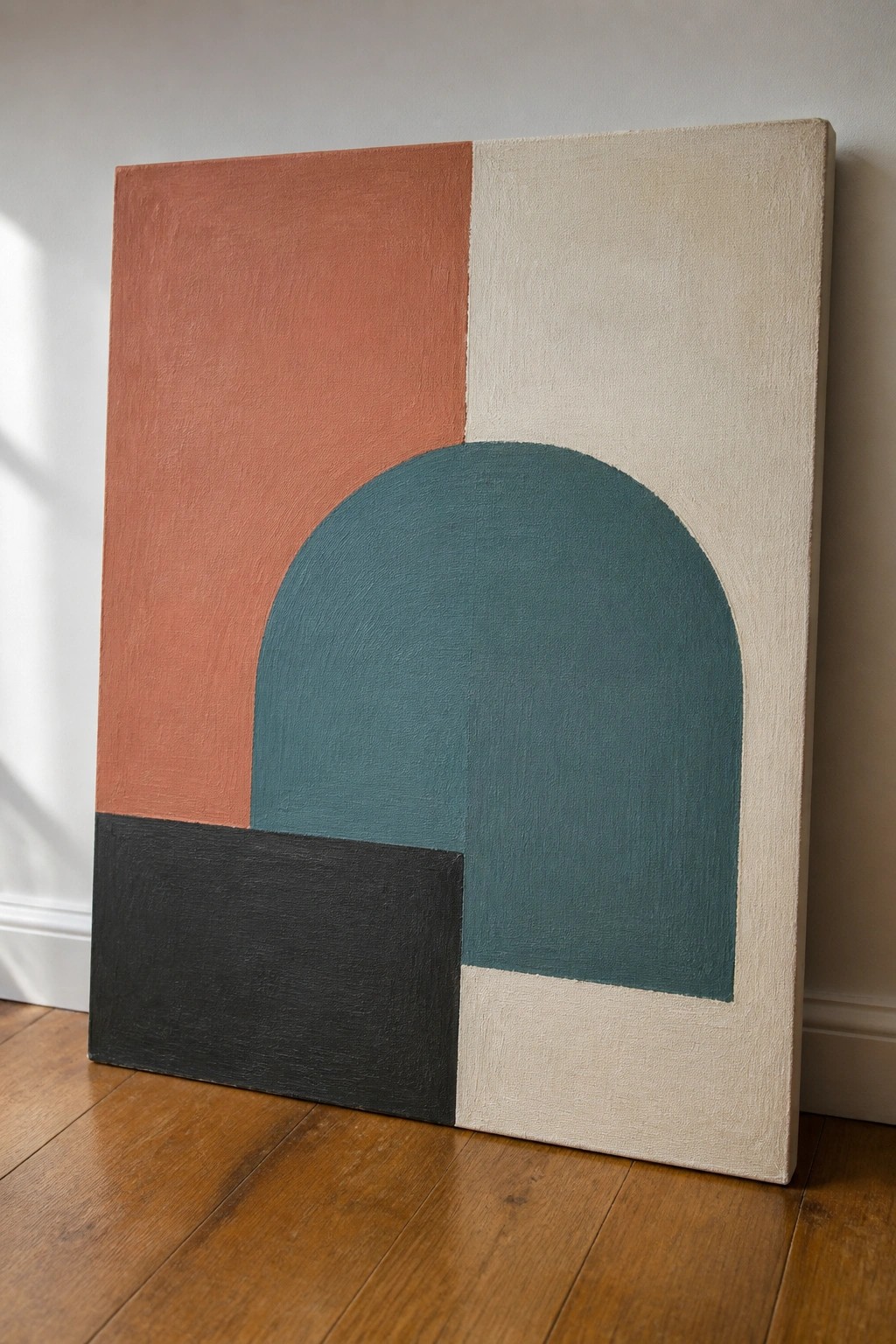 Abstract painting with teal arch, terracotta top, black bottom, and beige sections.