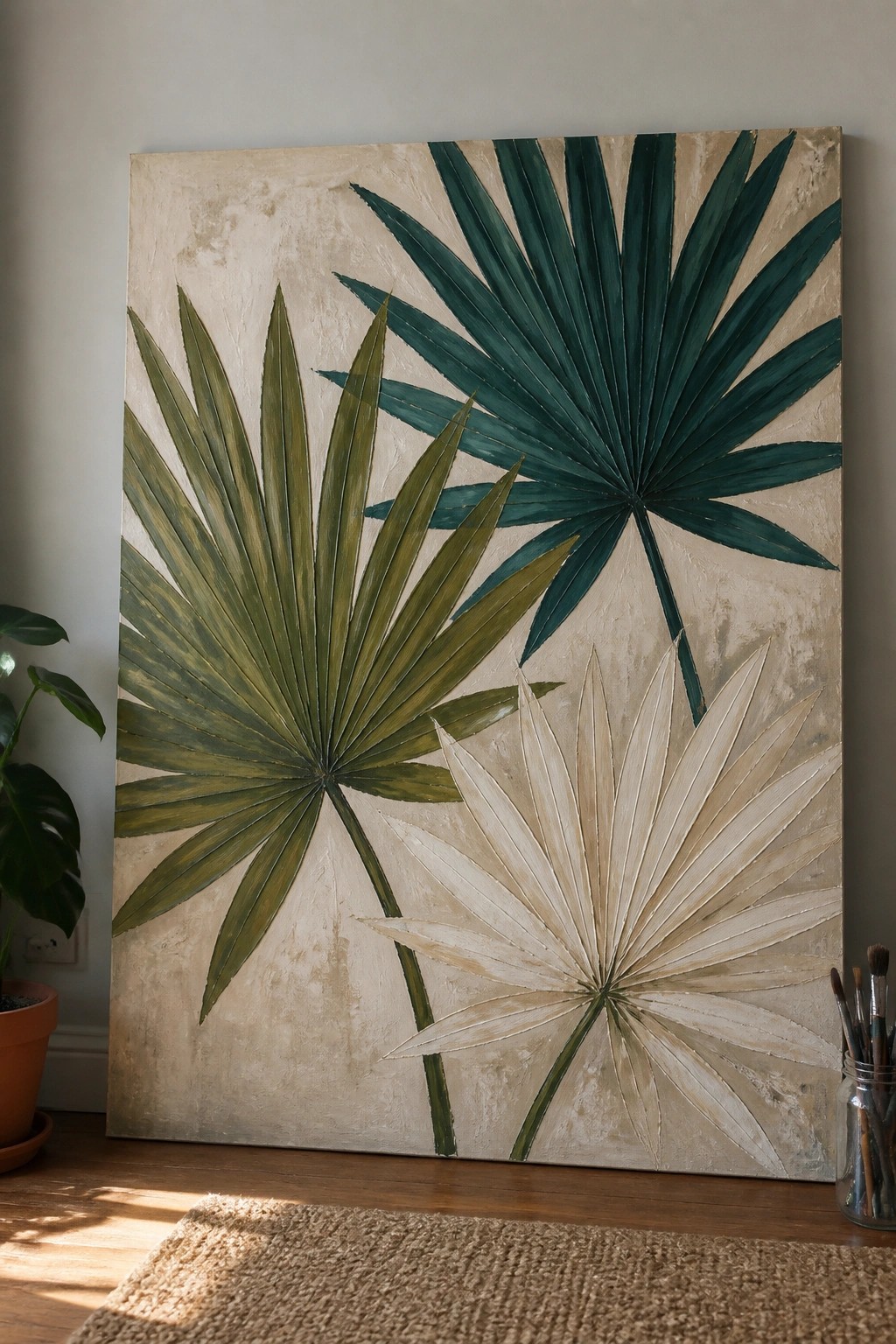 Large painting of palm leaves in green and beige on textured canvas.