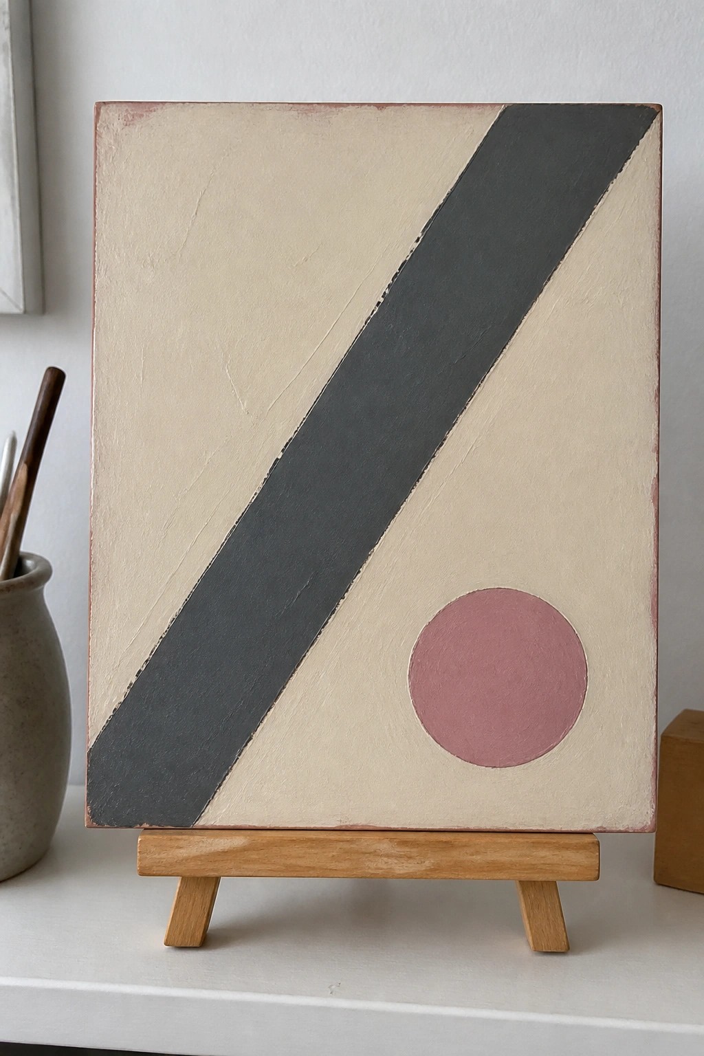 Abstract painting on easel with beige background, gray diagonal stripe, and pink circle.