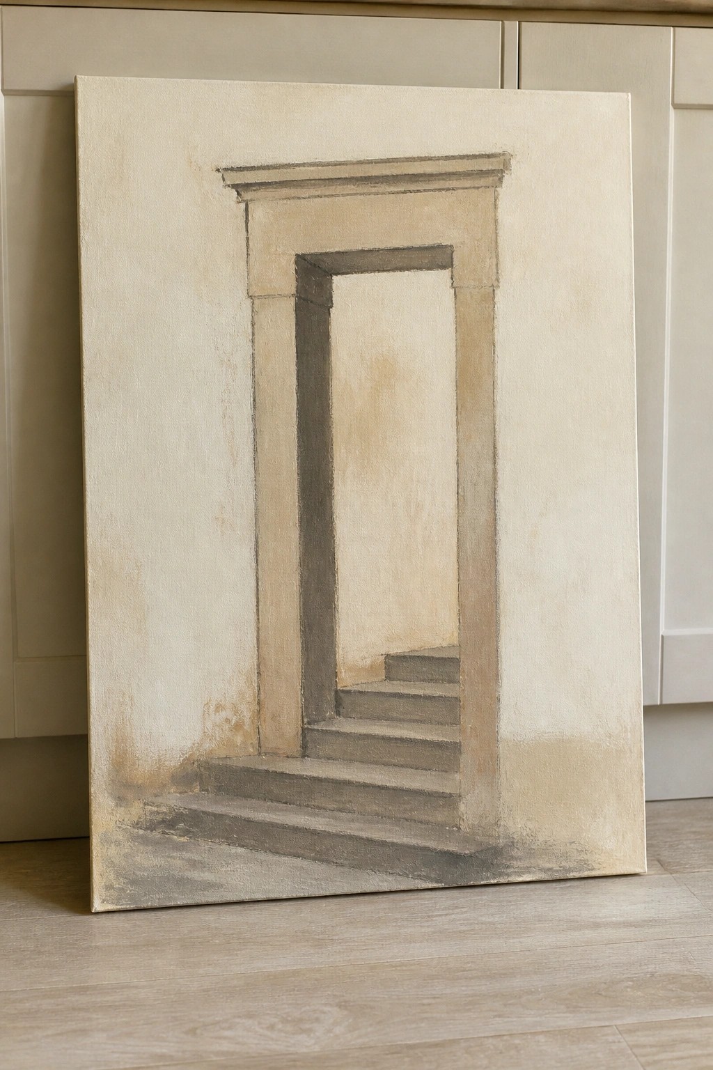 Painting of arched stone doorway with ascending steps in muted beige tones
