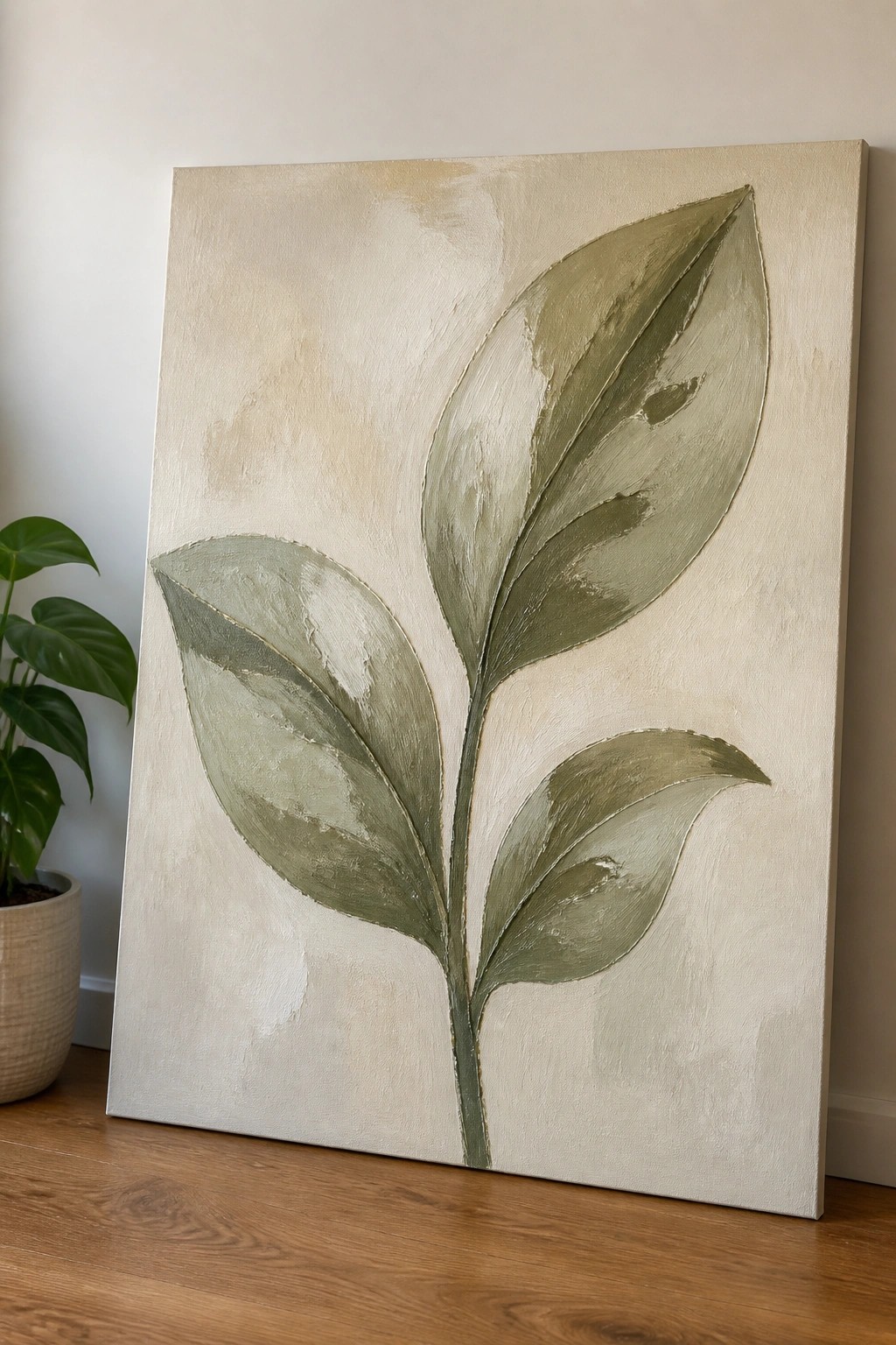 Abstract painting of sage green leaves on textured beige canvas beside potted plant