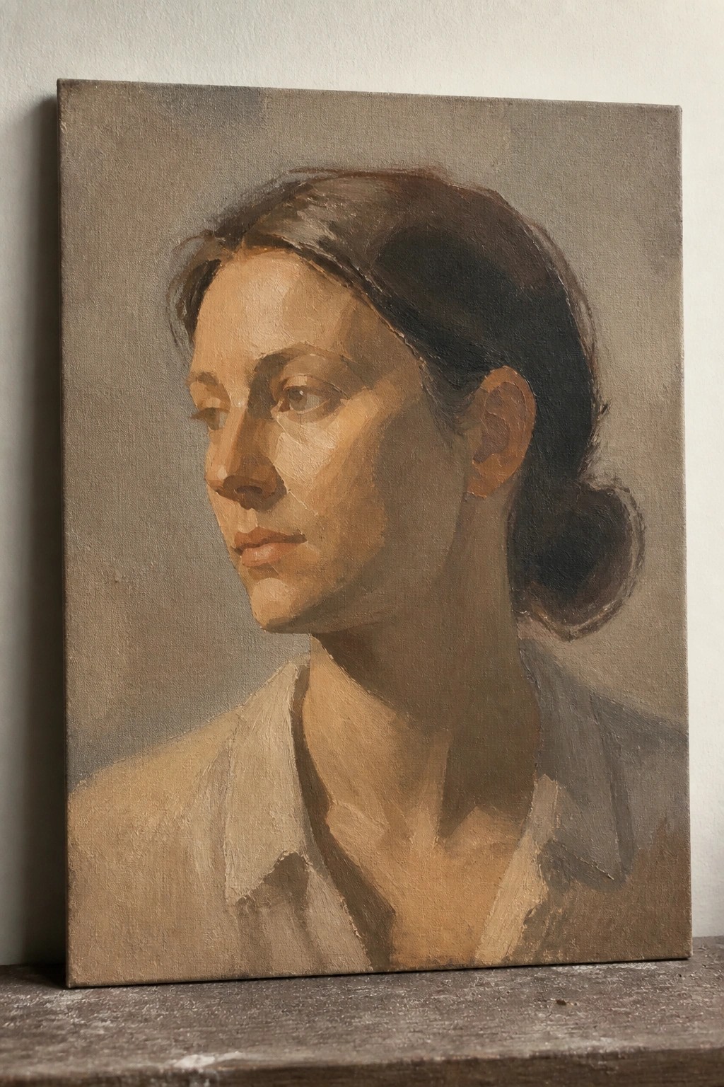 Oil painting of a woman with dark hair in a bun and light shirt in muted tones