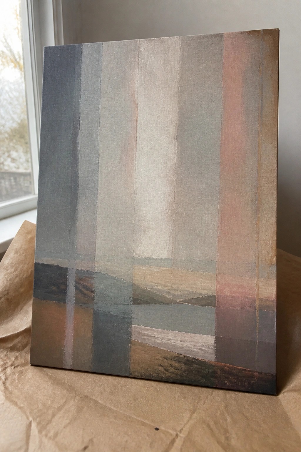 Abstract painting on canvas with vertical muted stripes over earthy landscape bands