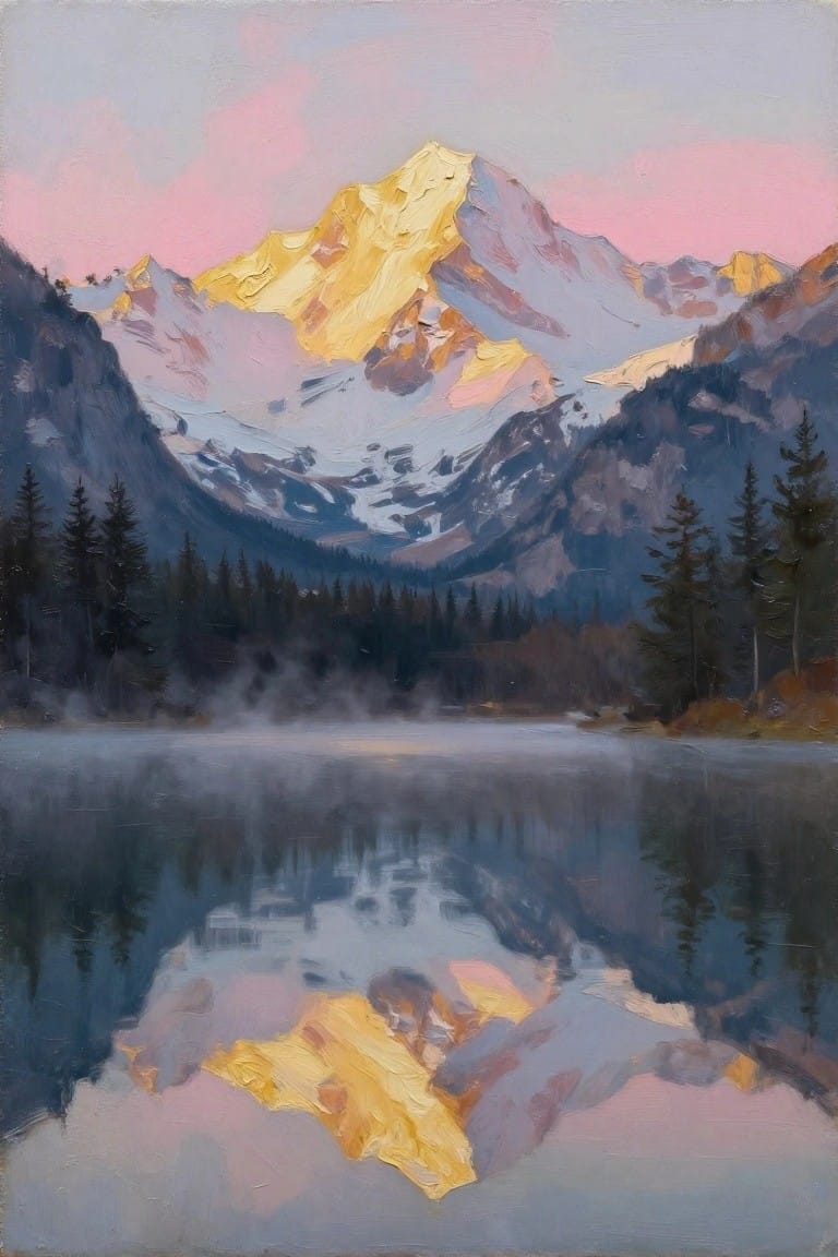 Golden-lit snowy peaks reflected in misty alpine lake at pink sunset.
