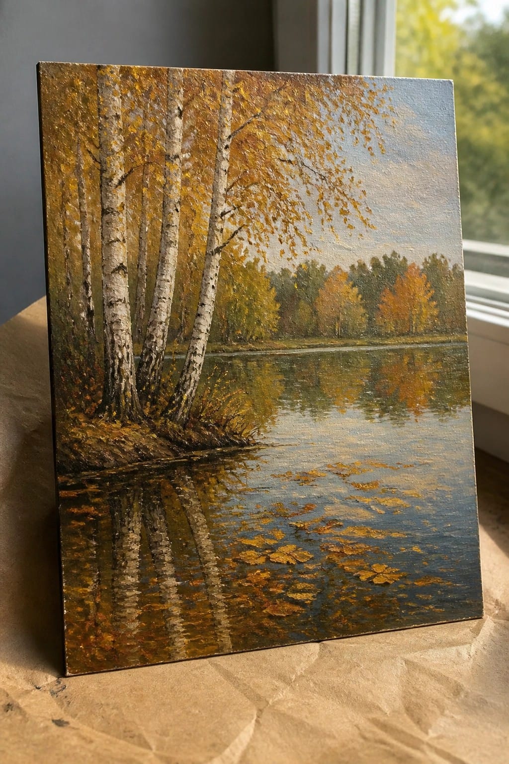 Oil painting of white birch trees with yellow leaves reflected in an autumn lake.