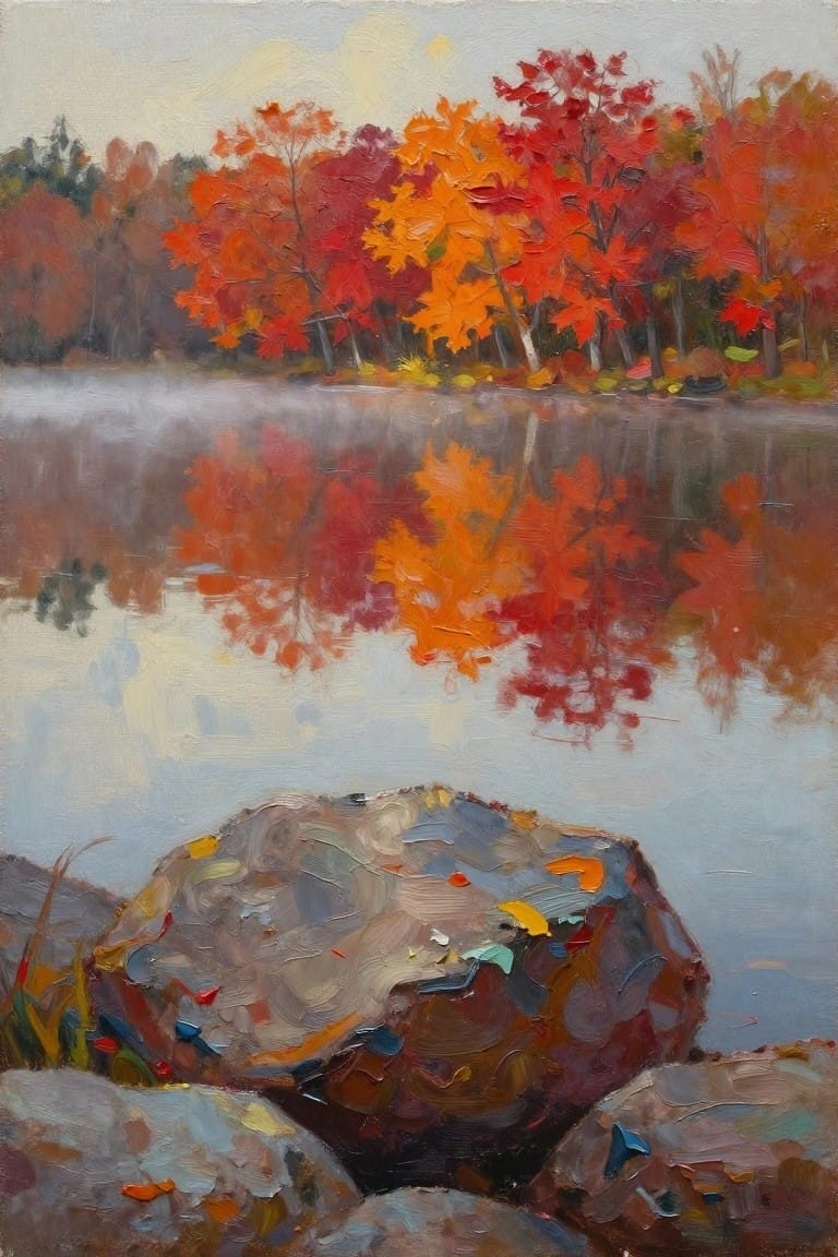 An oil painting shows colorful autumn trees reflected in calm lake water with a large textured rock in the foreground.