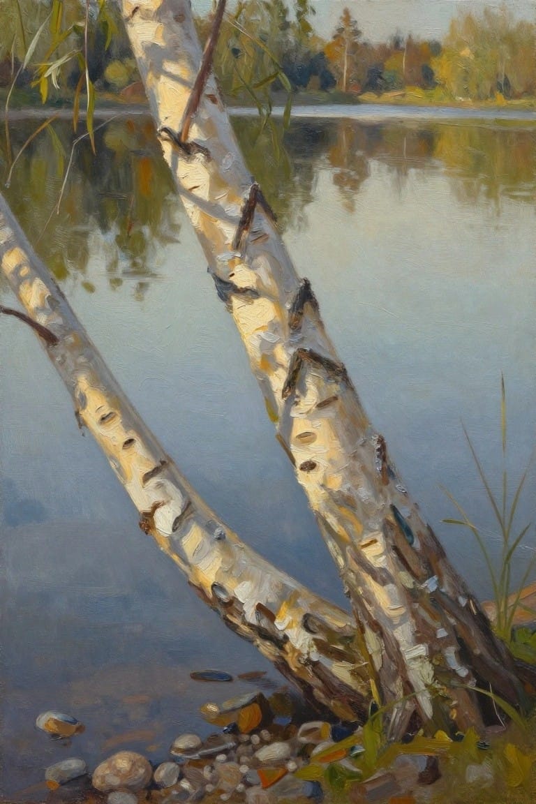 Two leaning birch trunks reflected in calm autumn lake with pebbled shore