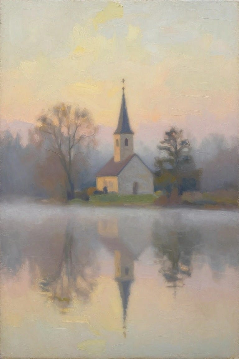 Church steeple reflected in misty water amid bare trees under pastel sky