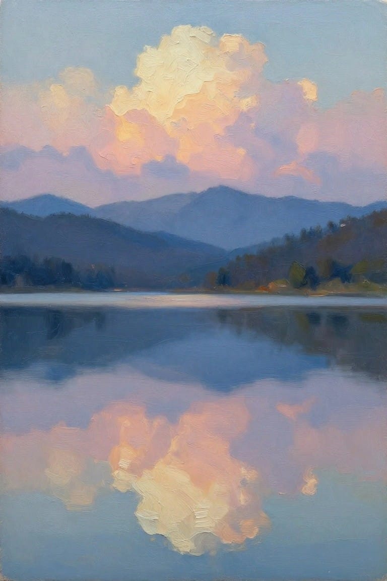 An oil painting of a lake with blue mountains behind it and a large pink and yellow cloud reflected in the calm water.