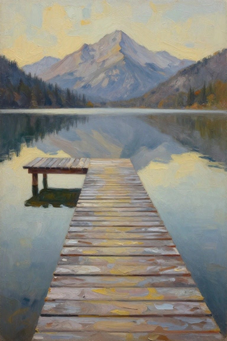 Oil painting of wooden dock on calm lake reflecting distant mountains at dawn.