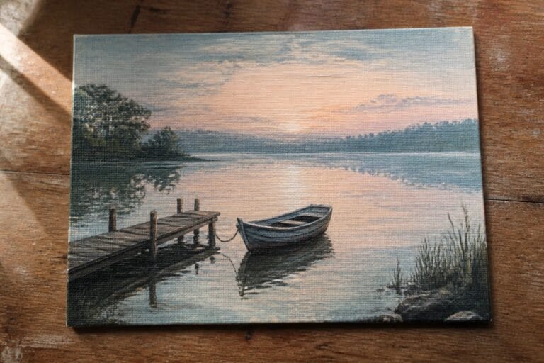 18 Peaceful Lake Landscape Oil Painting Ideas Centered on Reflections and Calm Water Canvas painting of rowboat tied to wooden dock at sunset with water reflections