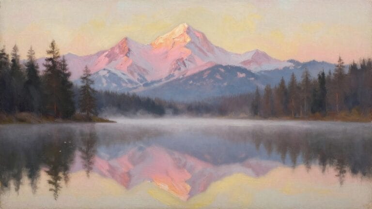 18 Peaceful Lake Landscape Oil Painting Ideas Centered on Reflections and Calm Water Golden-lit snowy peaks reflected in misty alpine lake at pink sunset.