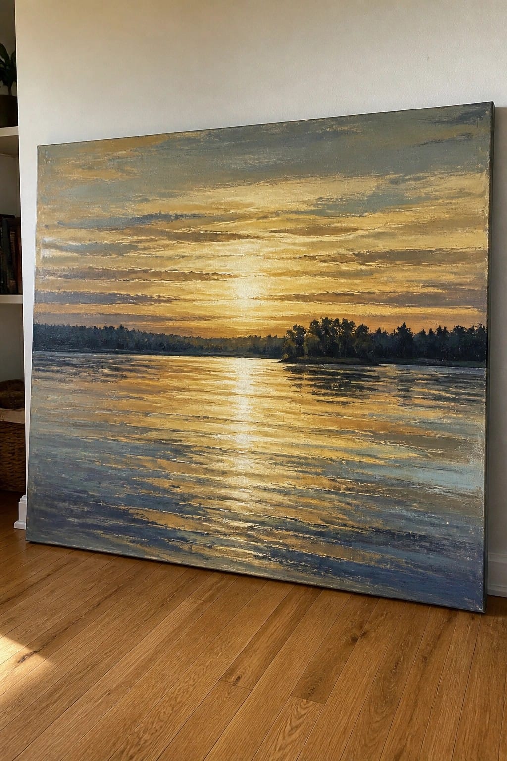 Large landscape painting of golden sunset reflecting on water with distant trees