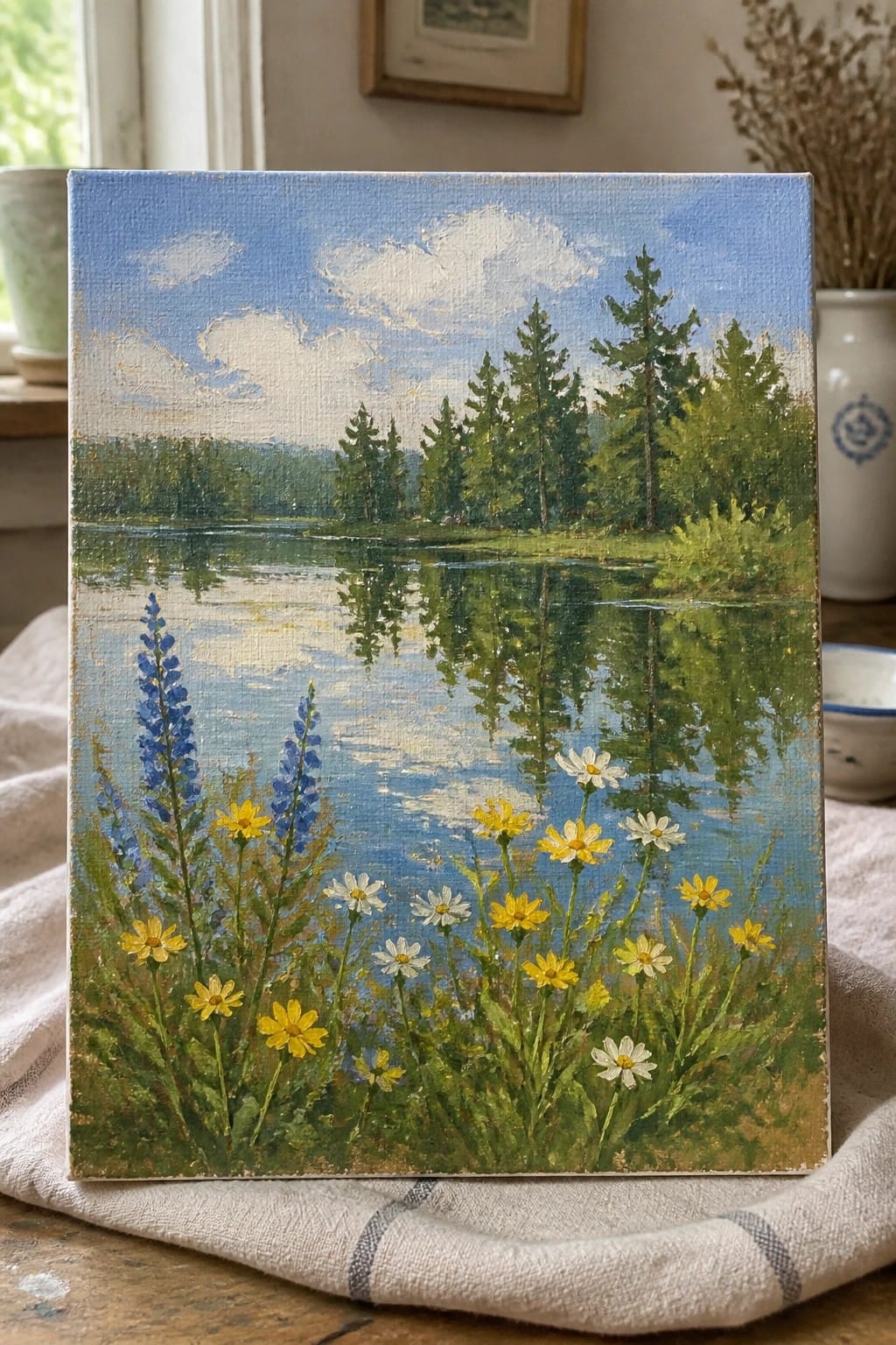 Impressionistic oil painting of reflective lake, pine trees, and colorful wildflowers under blue sky