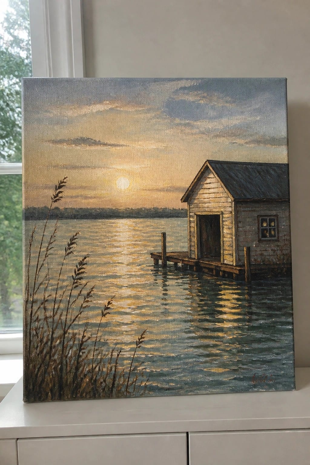 Canvas painting of wooden shack on pier with golden sunset reflecting on calm water