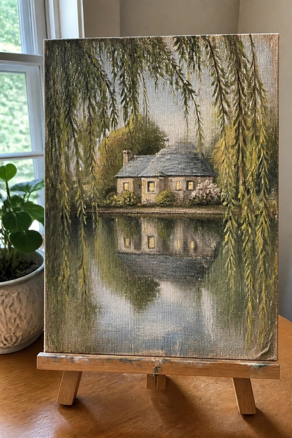 Landscape painting of cottage by reflective water with weeping willows on wooden easel