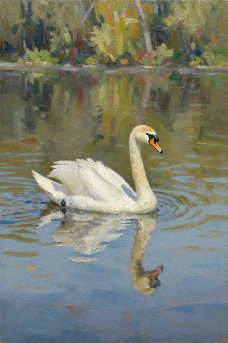 An oil painting of a white swan on calm blue water with its reflection visible beneath and soft green foliage in the background.