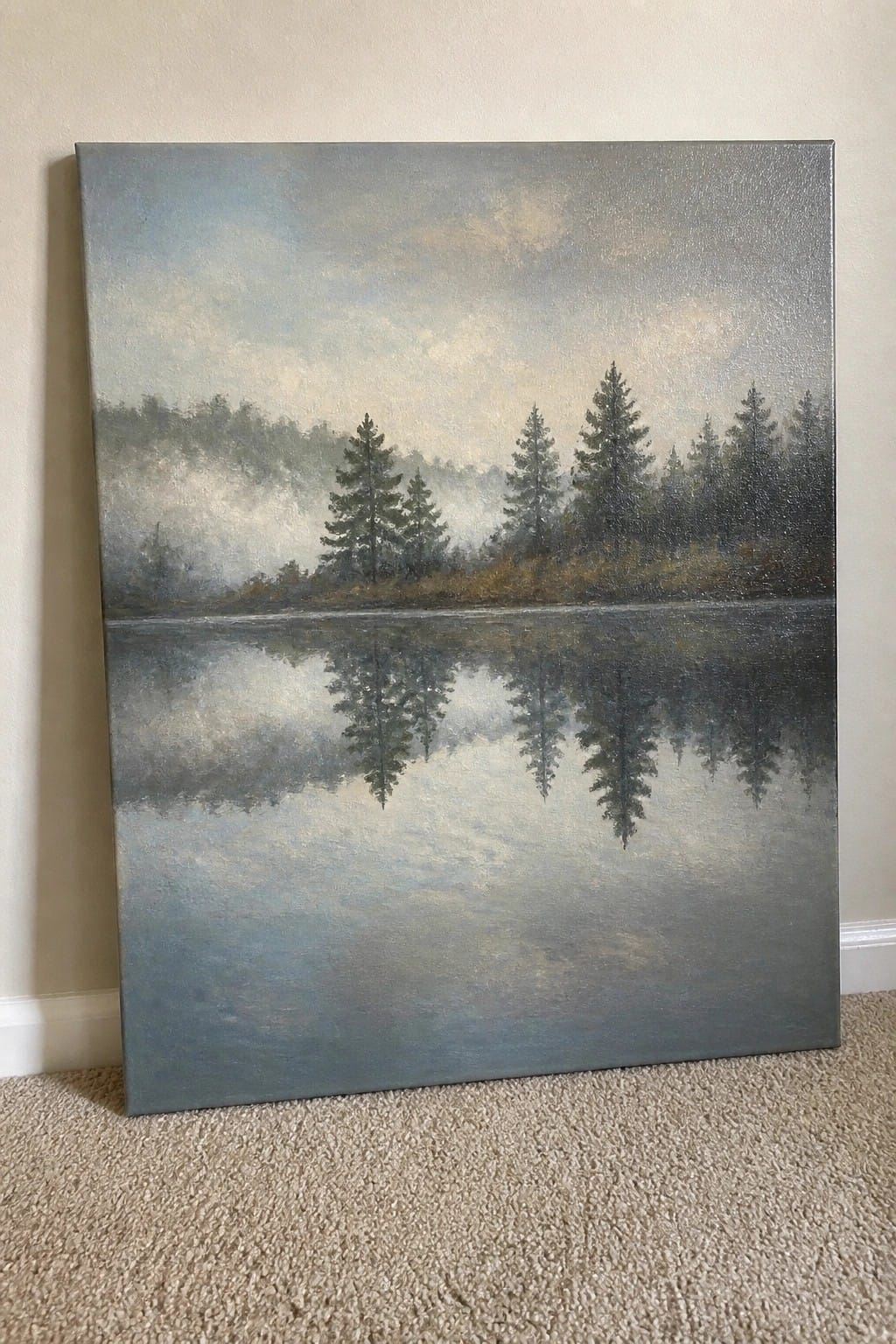 Misty pine trees and reflections in a foggy lakeside landscape painting