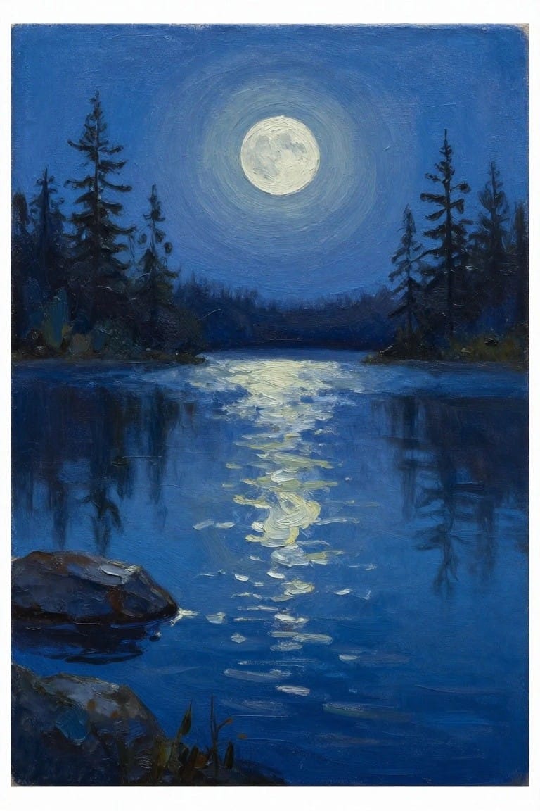 Full moon glowing over calm blue lake with pine trees and rocky shore at night.