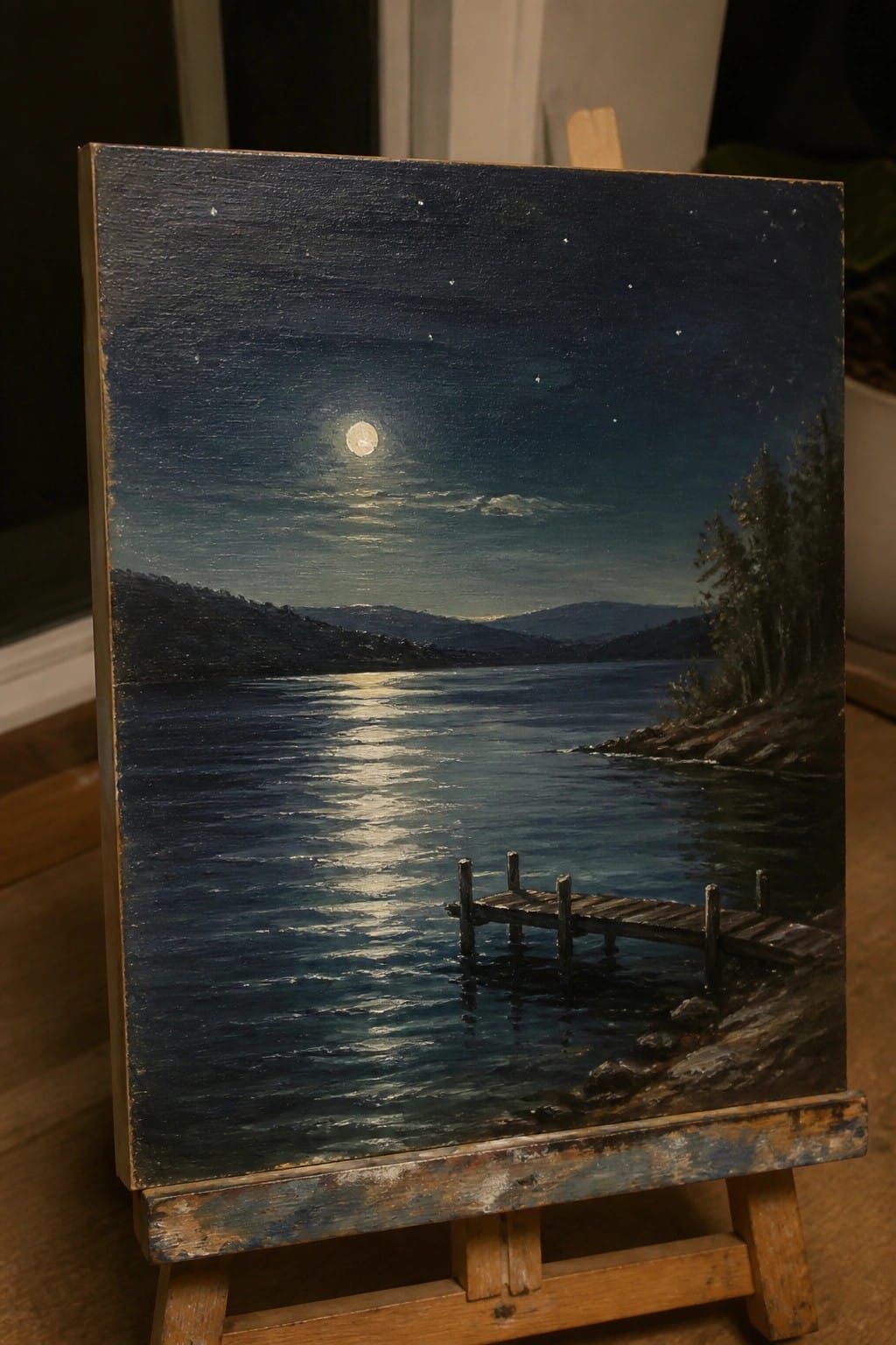 An oil painting of a moonlit lake at night showing a wooden dock on the right shore, distant mountains, and the moon's reflection on the water.