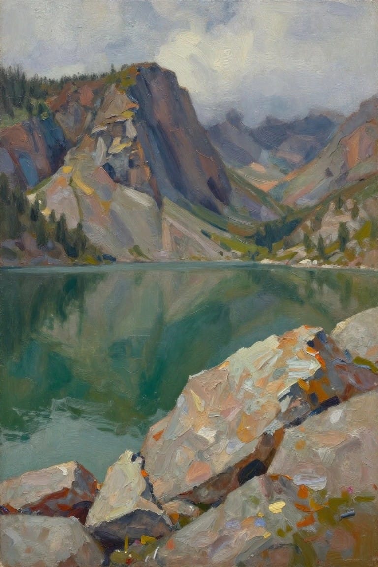 Mountain lake reflecting steep rocky cliffs under cloudy sky in oil paint.