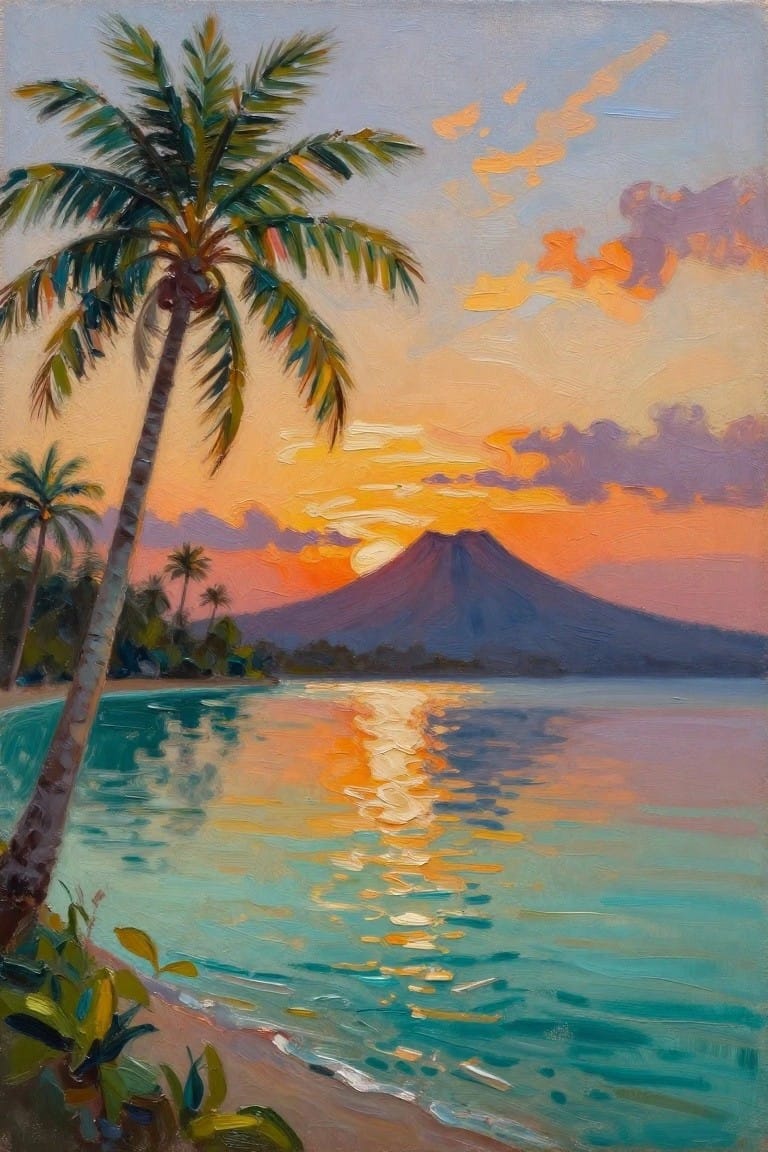 An oil painting of a sunset over calm water with a tall palm tree on the left, a mountain in the distance, and bright reflections on the lake surface.