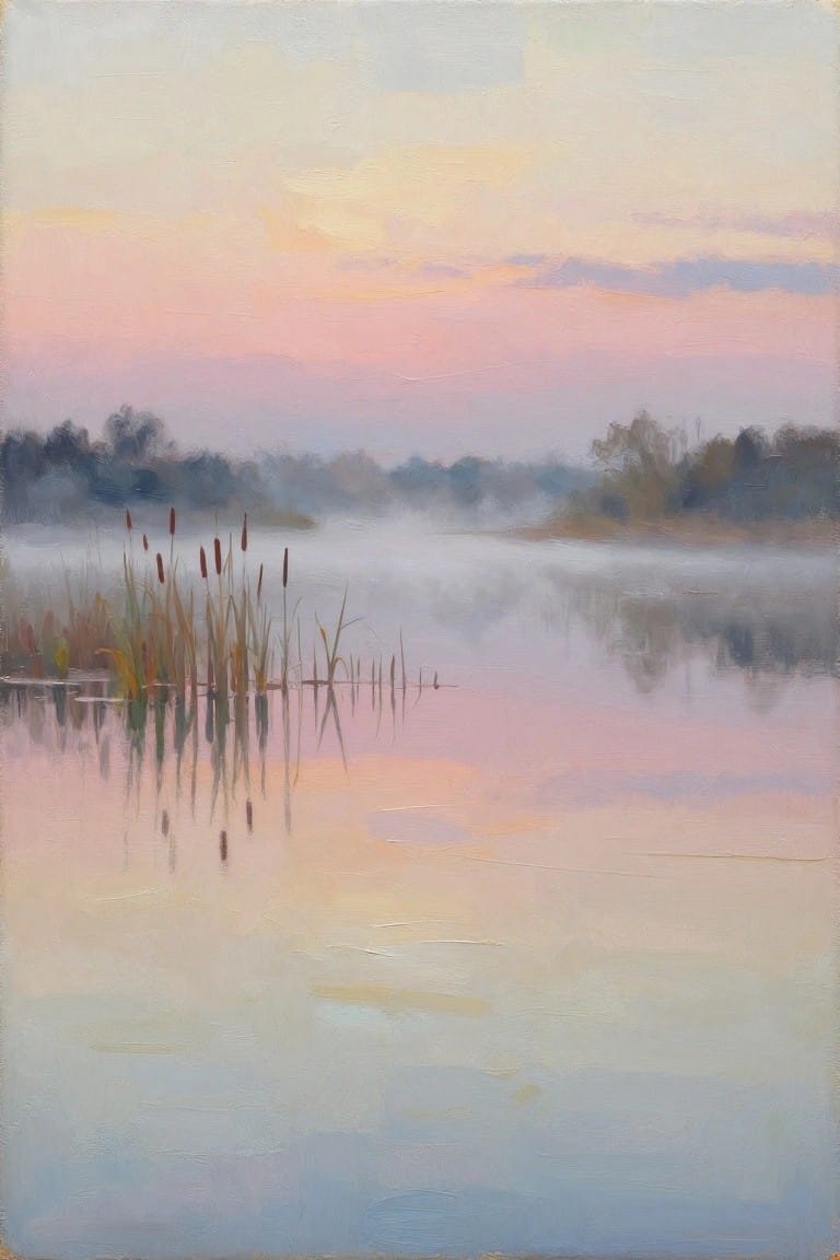 Misty dawn lake with pink reflections, reeds, and hazy distant trees.