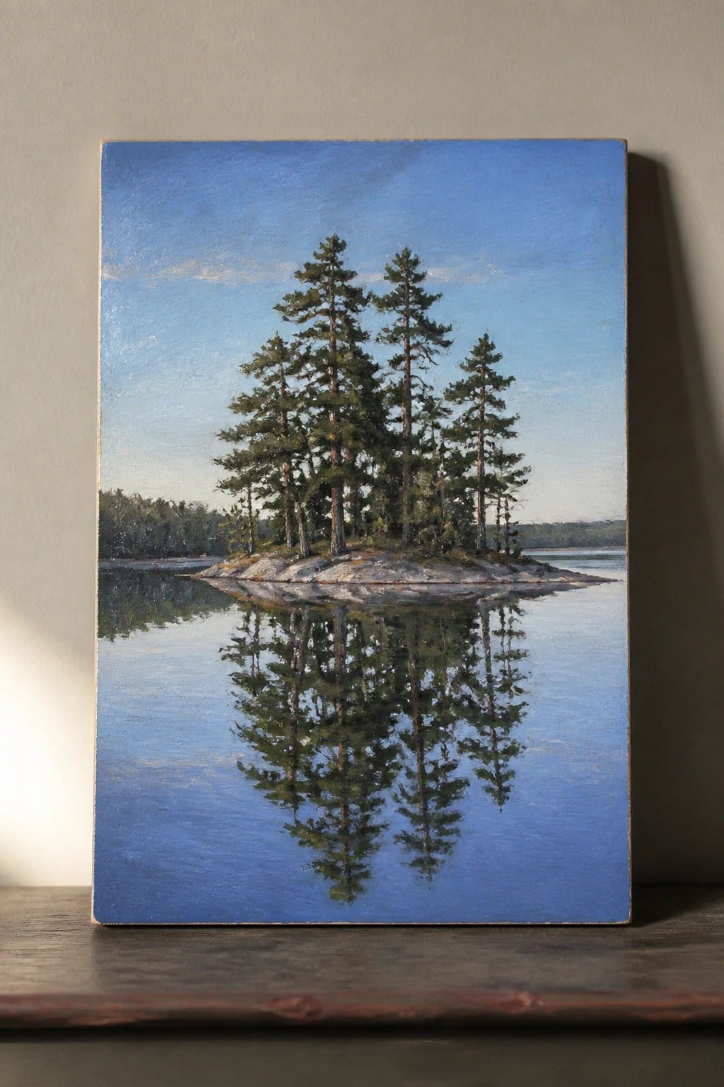 Landscape painting of pine trees on rocky island with perfect blue water reflection