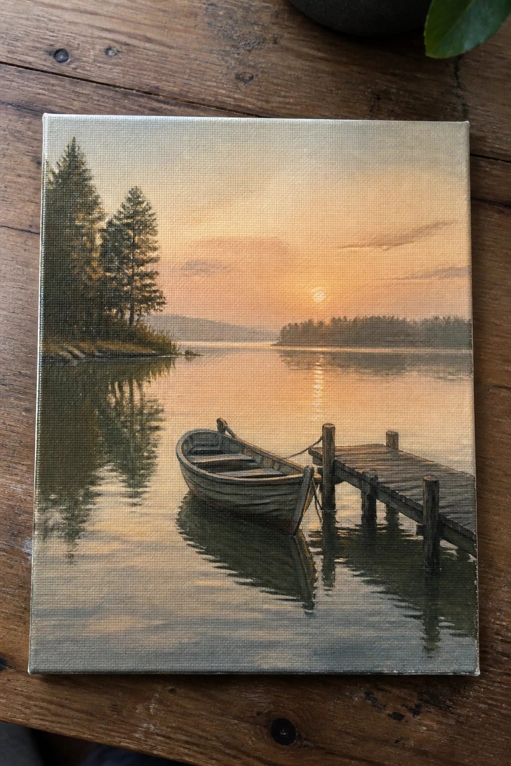 Canvas painting of rowboat tied to wooden dock at sunset with water reflections