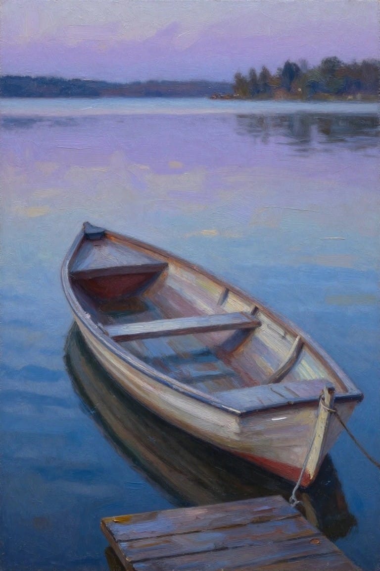 Wooden rowboat tied to dock on calm purple waters at twilight