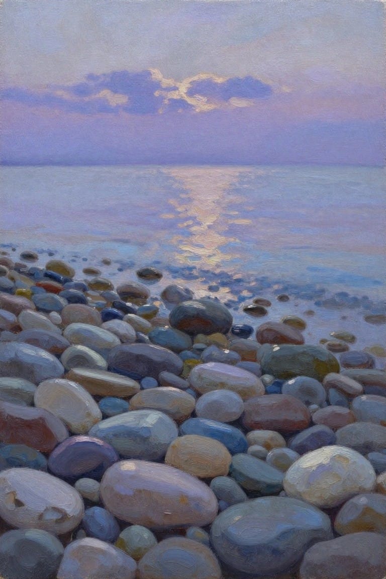 An oil painting of multicolored pebbles on a shore with calm water reflecting a soft pink and purple sky.