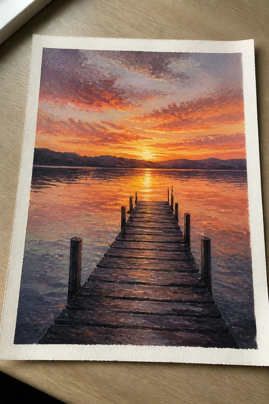 Wooden pier at vibrant orange sunset over calm mountain lake, painted in oils.