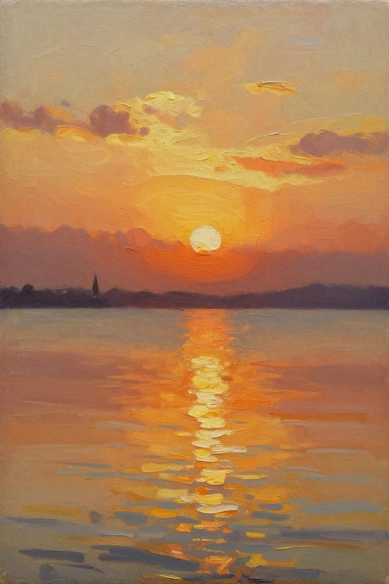 Vibrant oil painting of orange sunset reflecting on water with distant sailboat