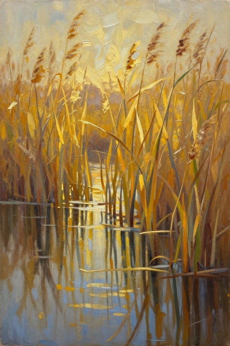 Golden reeds reflected in calm water under a hazy autumn sky