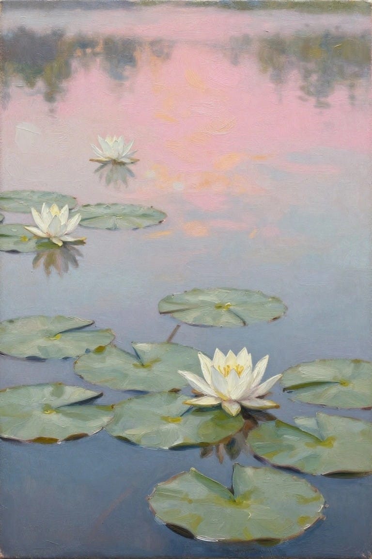 White water lilies and green pads on a calm pink and blue pond.