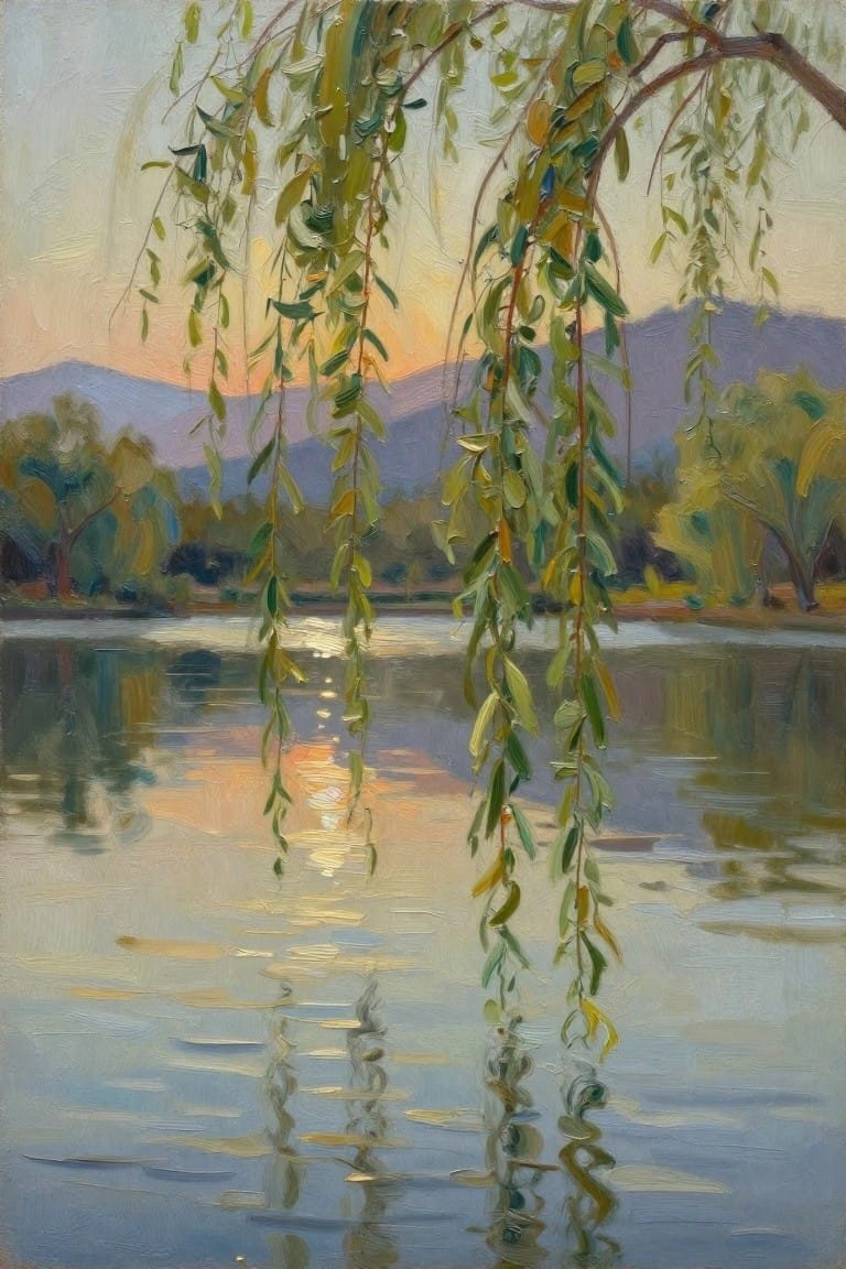 Weeping willow branches over calm lake reflecting sunset hues and distant mountains