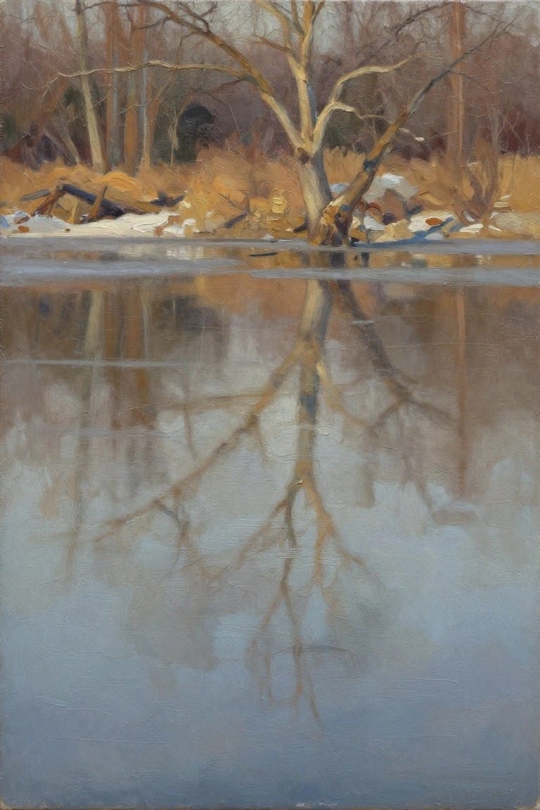 An oil painting of a bare tree beside calm water with snow on the ground and the tree's reflection visible below.