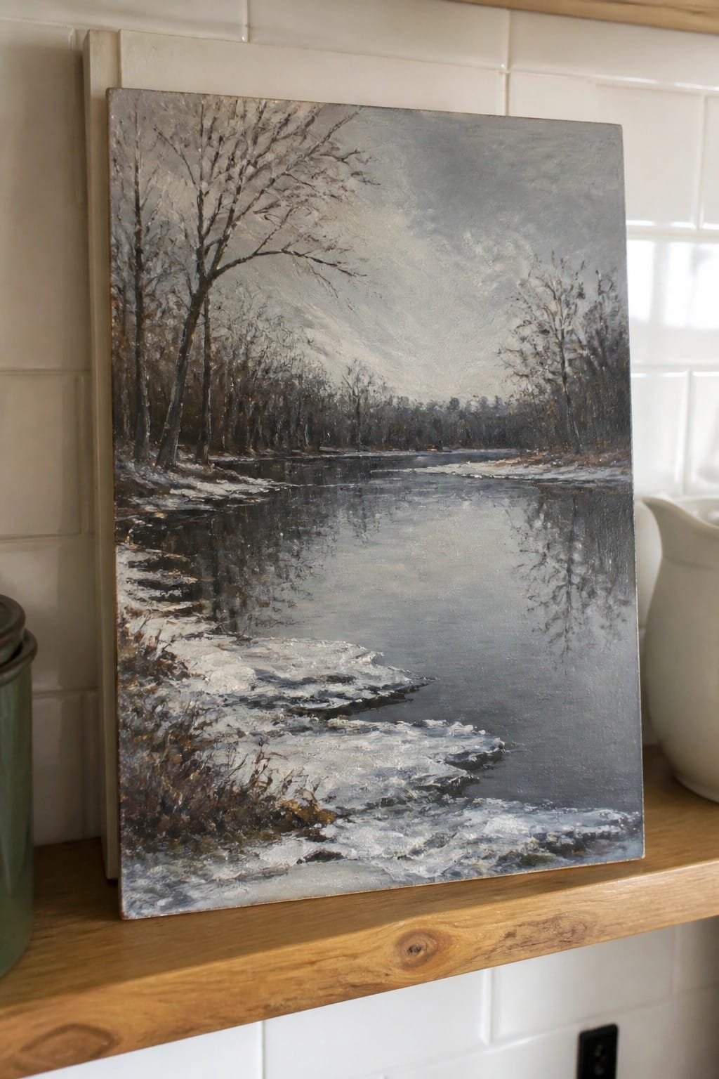 Winter landscape oil painting of snowy river with bare trees on wooden shelf