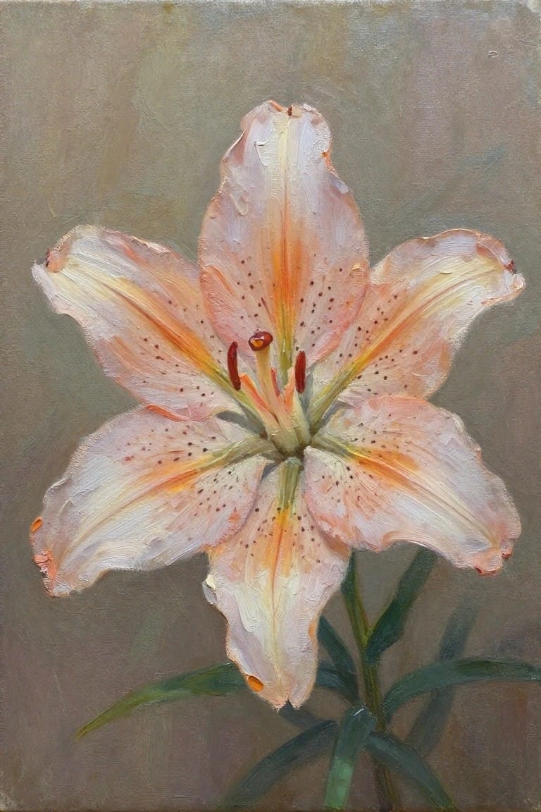 Textured painting of an open pink lily with spotted petals and orange stamens.